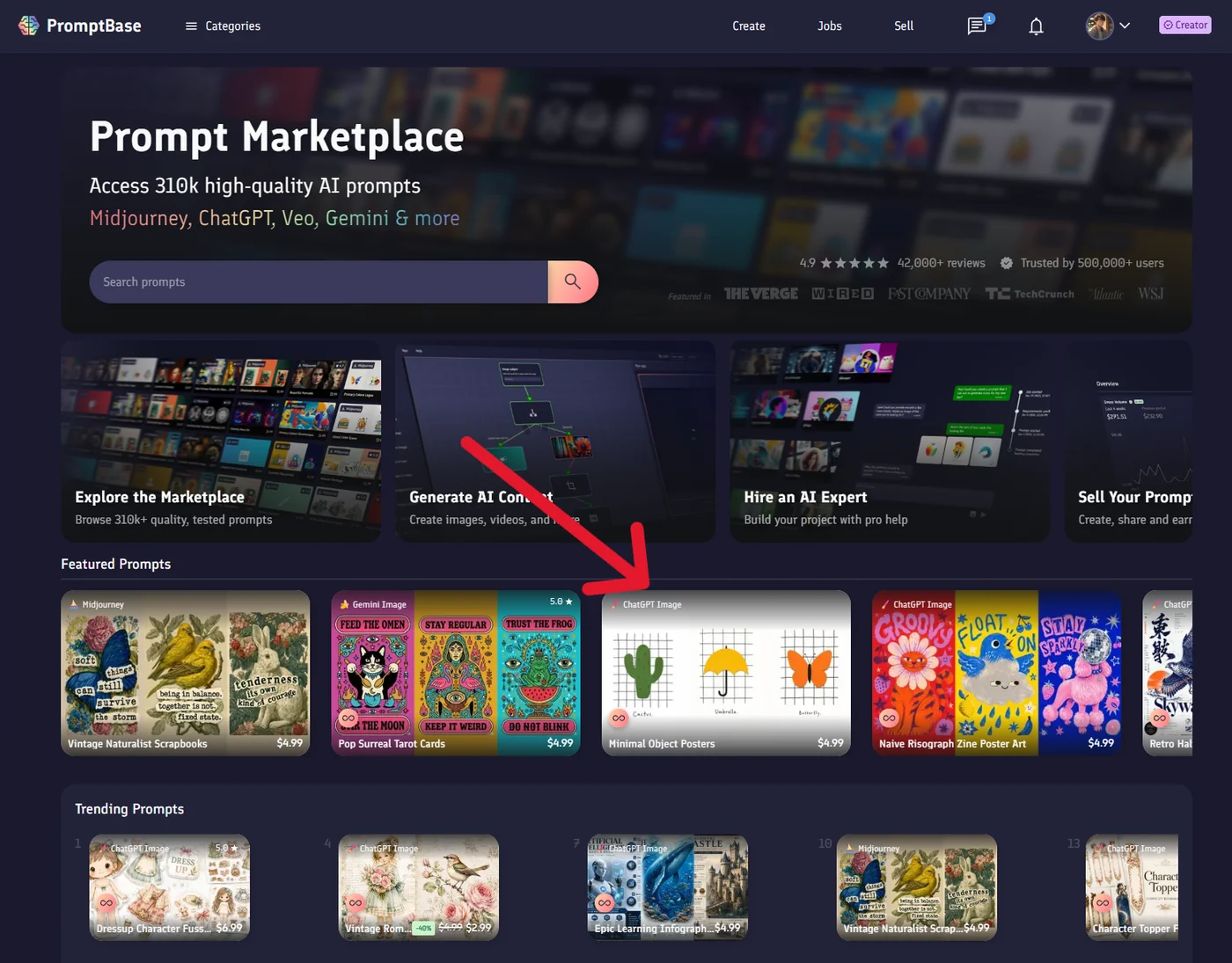 A listing of mine in the Featured row on the PromptBase home page