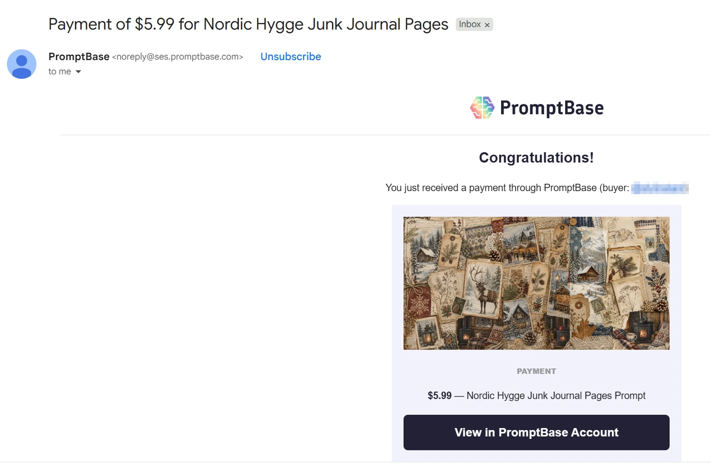 PromptBase payment email for a prompt sale