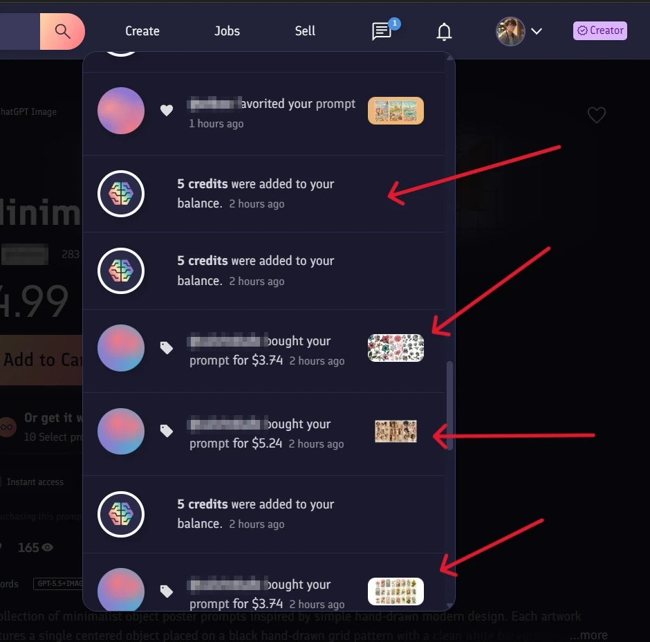 PromptBase notification feed showing prompt sales