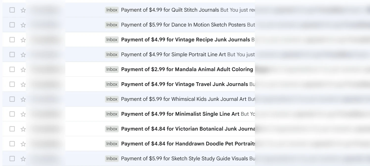 An inbox of PromptBase payment emails across different niches