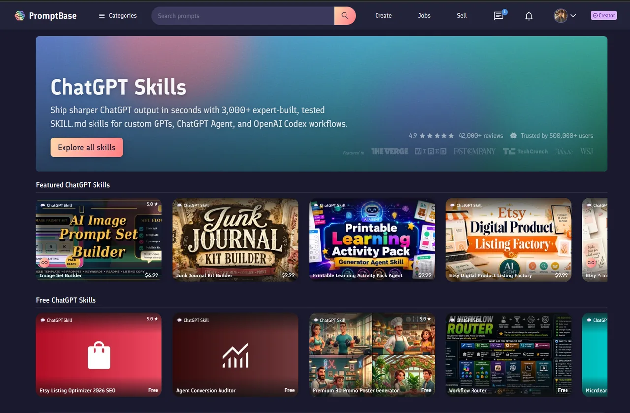 The ChatGPT Skills category on PromptBase
