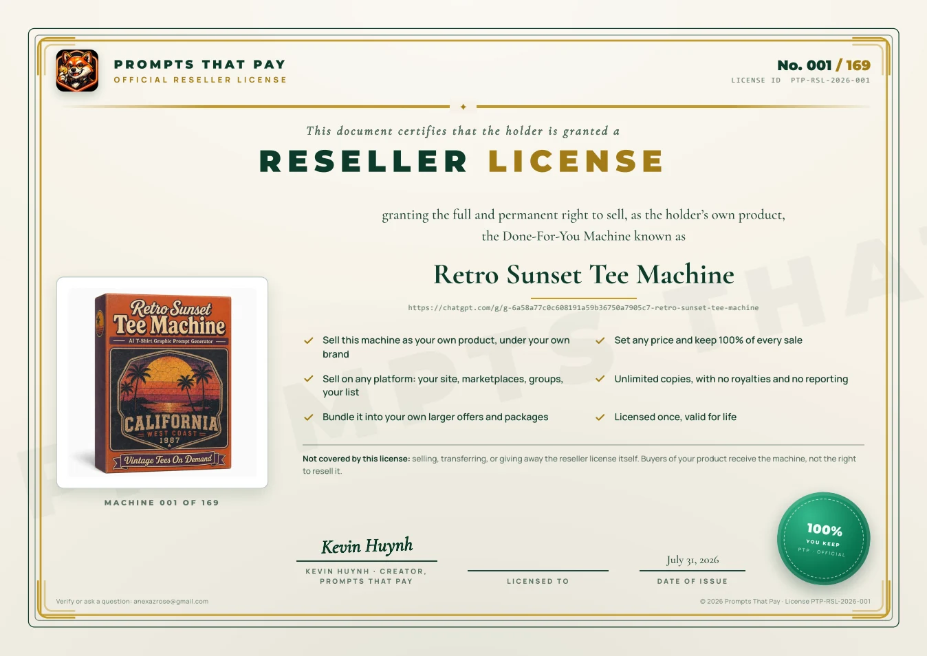 A real, serial-numbered reseller license certificate for one of the 169 machines