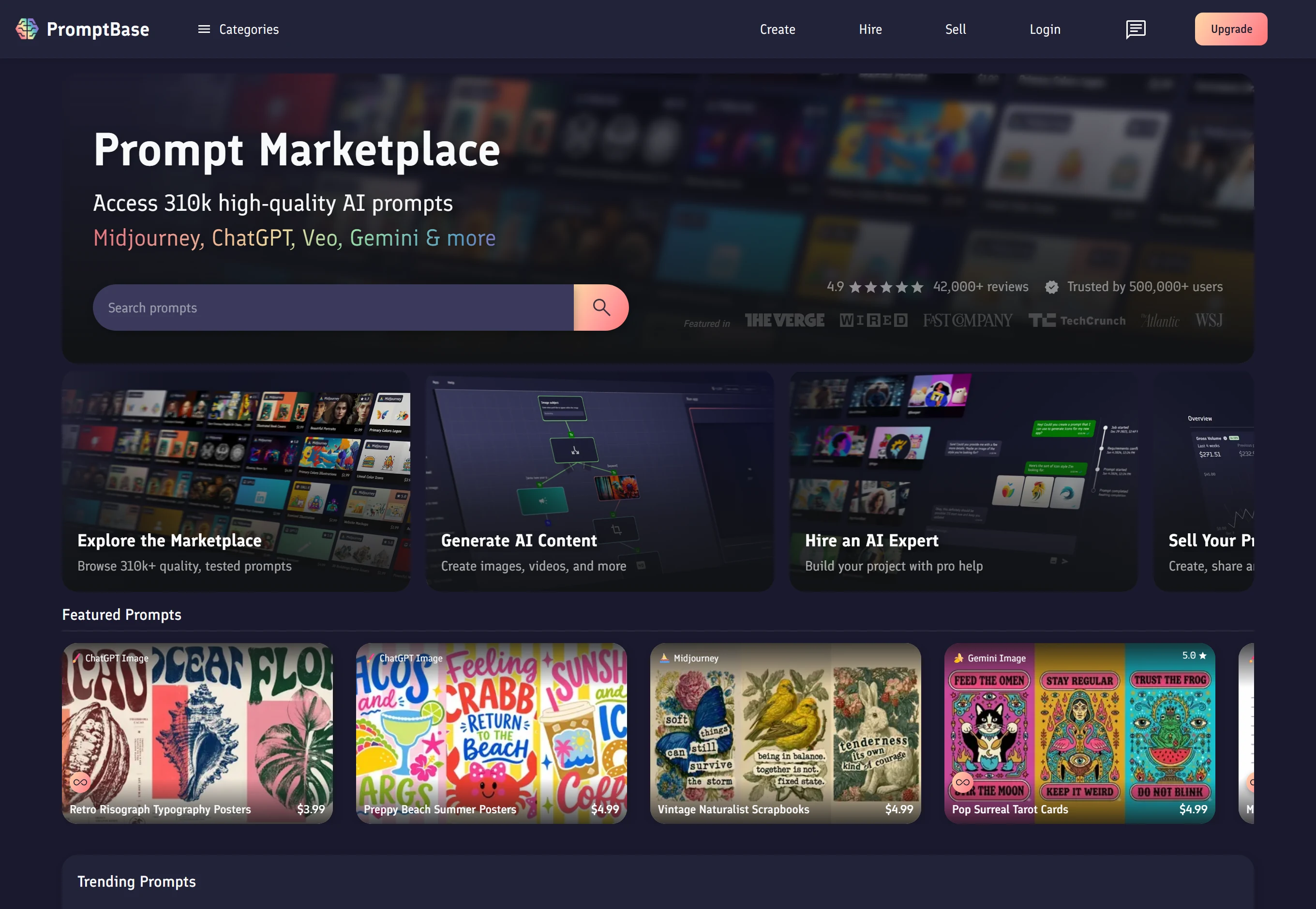 The PromptBase marketplace home page
