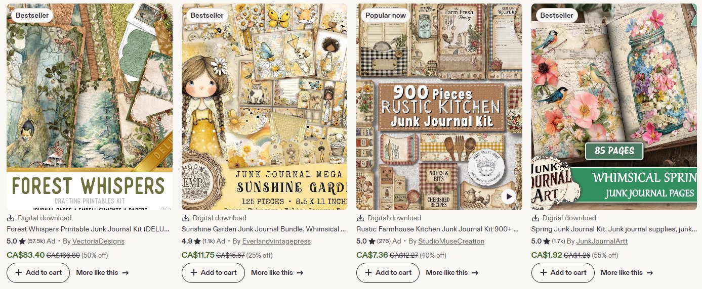 Live Etsy bestseller results — Forest Whispers Junk Journal Kit, Sunshine Garden, Rustic Farmhouse Kitchen, Spring Junk Journal Kit — all marked Digital download, ratings 4.9-5.0, 57.5K reviews on top listing