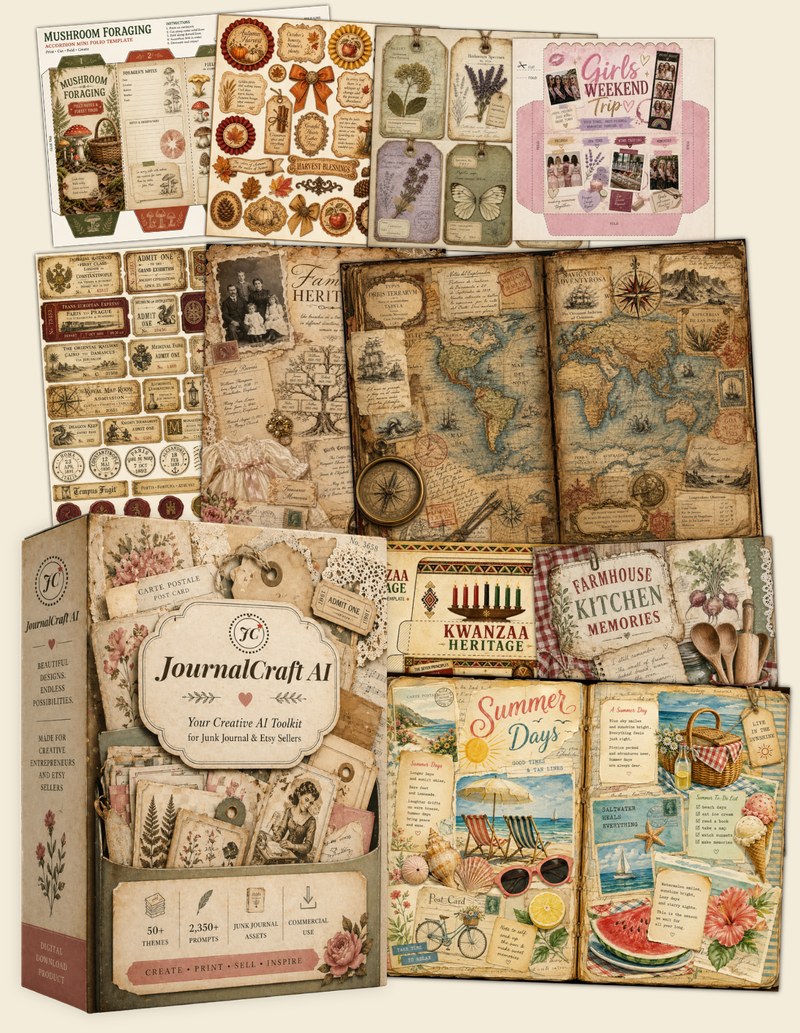 JournalCraft AI banner — Mushroom Foraging, Autumn Harvest, Family Heritage, Antique Map, Kwanzaa, Farmhouse Kitchen, Summer Days theme samples + product box with 50+ themes · 2,350+ prompts · junk journal assets · commercial use