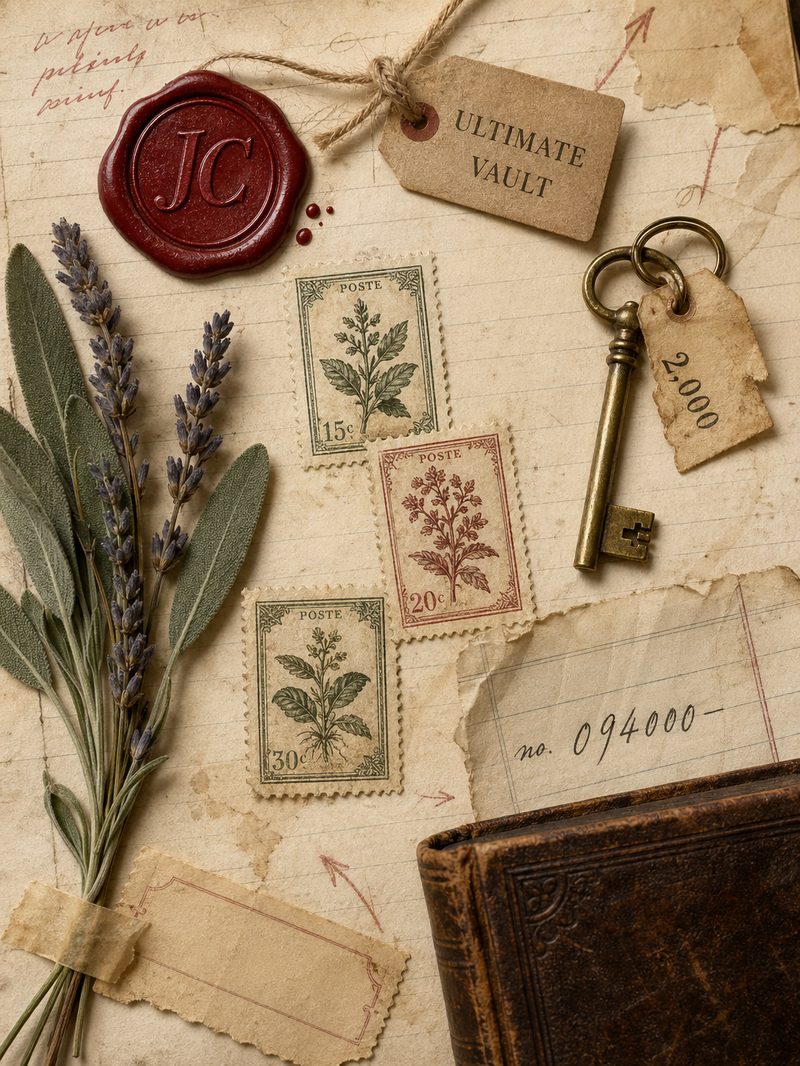 Vintage ULTIMATE VAULT cluster — JC wax seal, brass library key, 2,000 themes scroll, ledger fragments