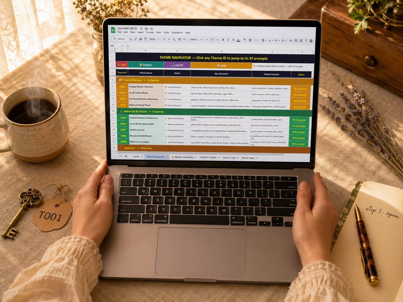 Hands holding a laptop showing the JournalCraft AI Google Sheets workbook