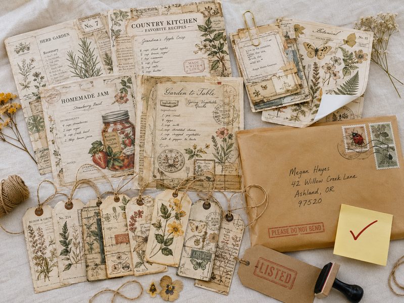 Finished printed junk journal kit spread on a desk, ready to ship on Etsy