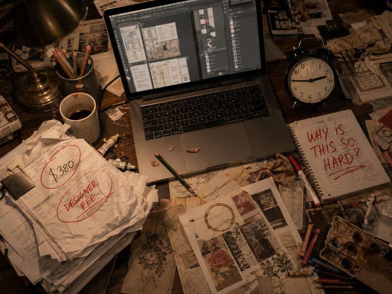 Chaotic Etsy seller desk at 2:47 AM with $380 designer invoices, broken pencils, and frustration scribbles — the old way before ChatGPT Image 2.0