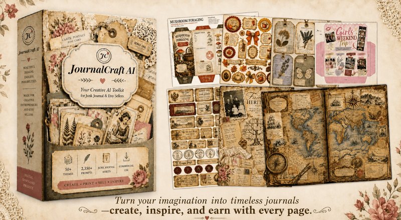 JournalCraft AI product mockup — vintage box with sample junk journal pages, tags, ephemera, family heritage map spread · 50+ themes · 2,350+ prompts · junk journal assets · commercial use