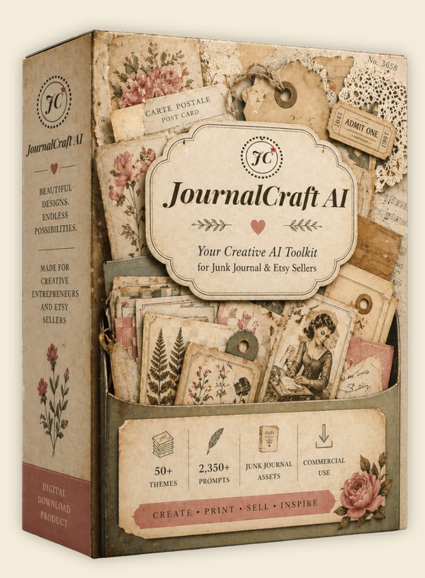 JournalCraft AI product mockup box — 50+ themes, 2,350+ prompts, junk journal assets, commercial use