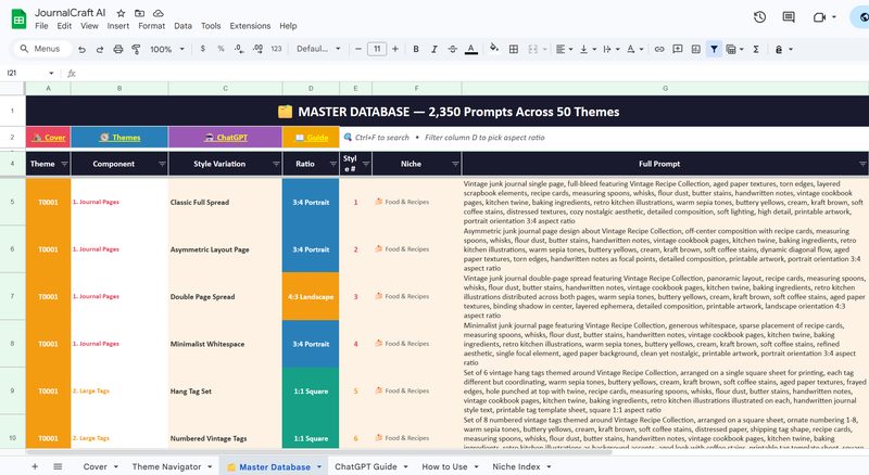 JournalCraft AI Google Sheets — Master Database with 2,350 prompts