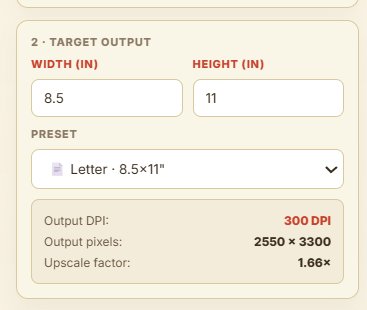 JC Upscaler step 2 — pick output size with Etsy presets, always 300 DPI