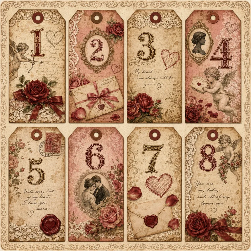 Valentine Romance — Numbered Vintage Tags (1:1)