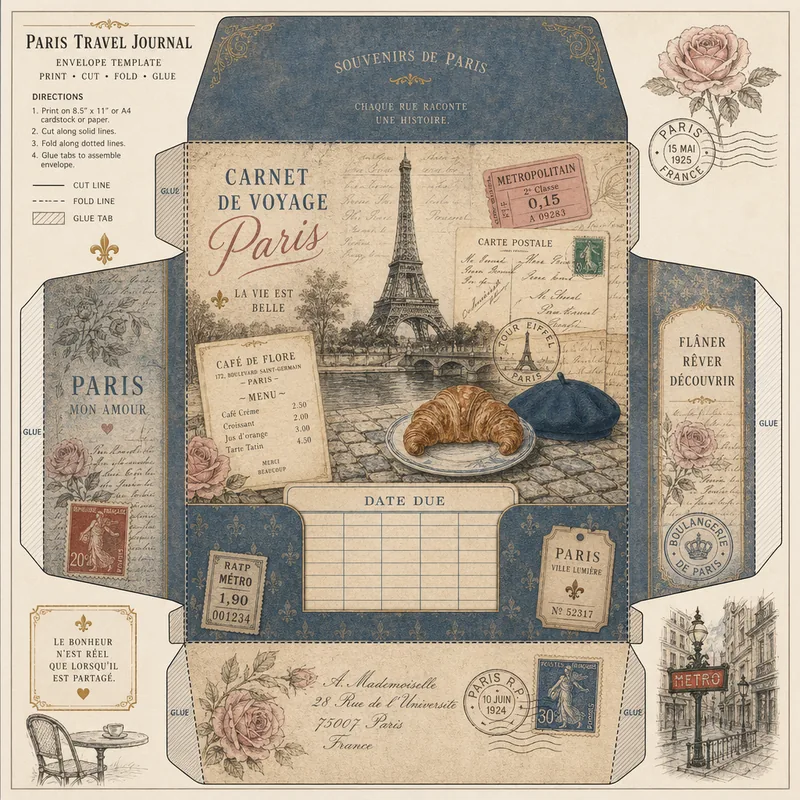 Paris Travel Journal — Mini Library Envelope (1:1)
