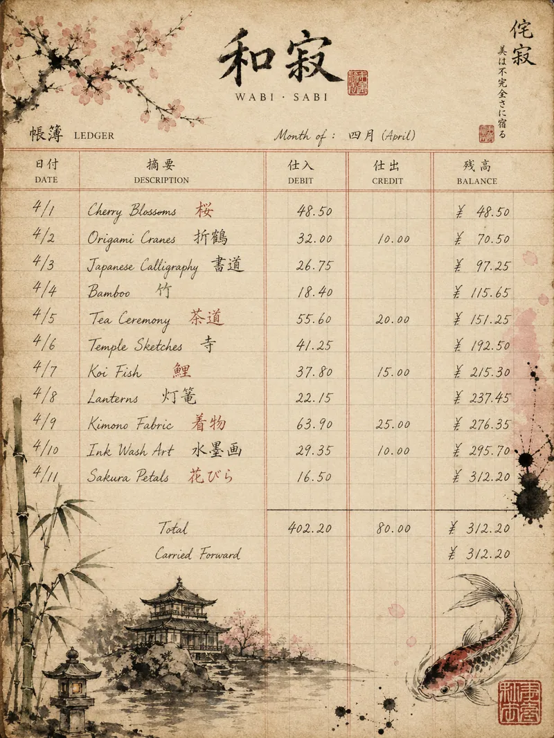 Japanese Wabi-Sabi — Antique Ledger Page (3:4)