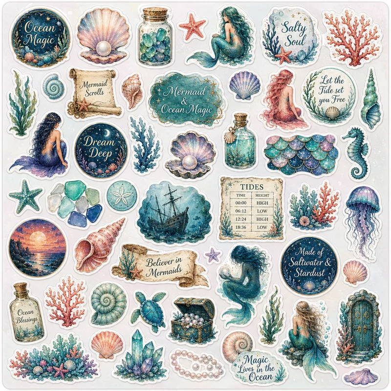 Mermaid & Ocean Magic — Mixed Sticker Sheet (1:1)