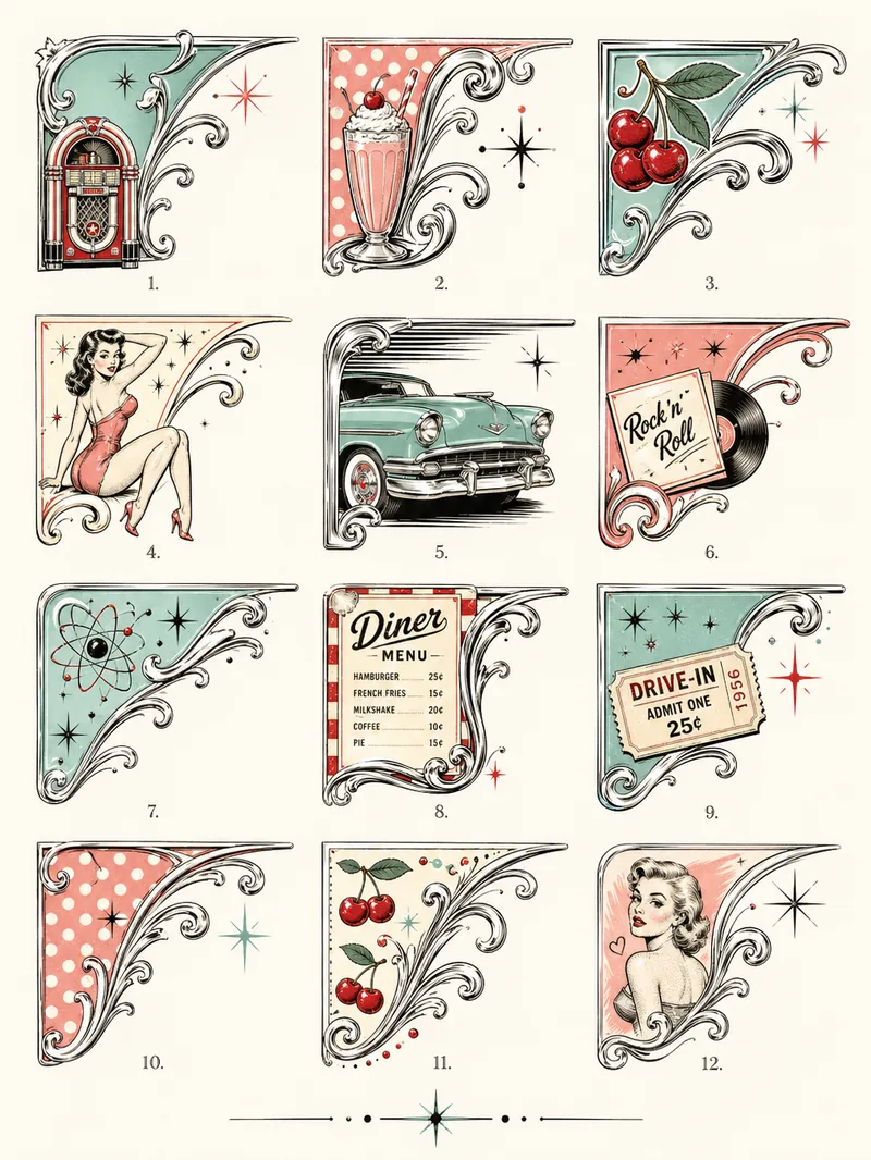 1950s Americana — Corner Ornaments Set (3:4)