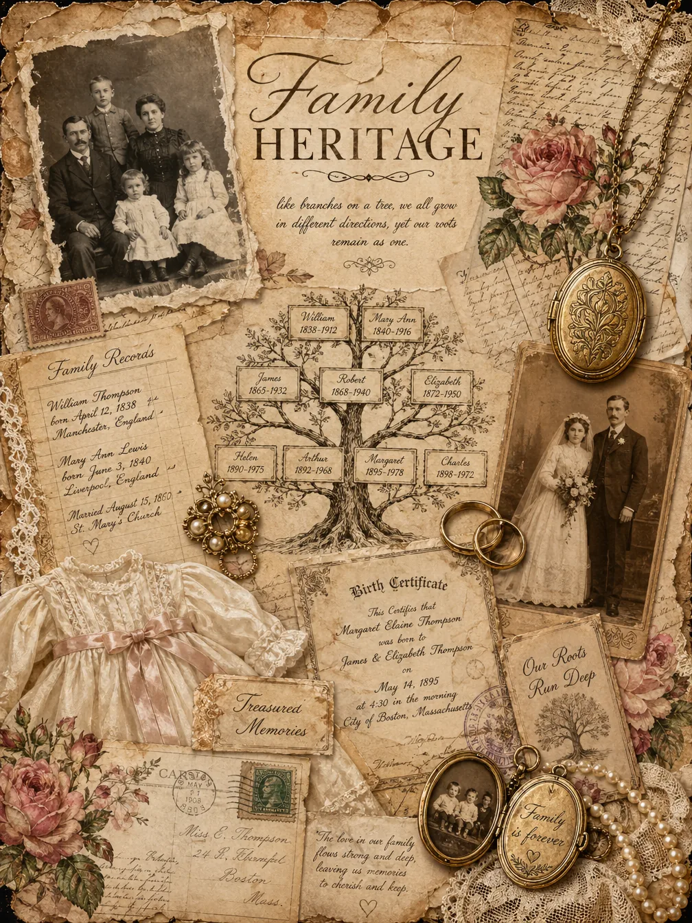 Family Heritage junk journal page — vintage photos, family tree, gold locket, lace dress, ribbons, sepia ephemera — the moody collage aesthetic