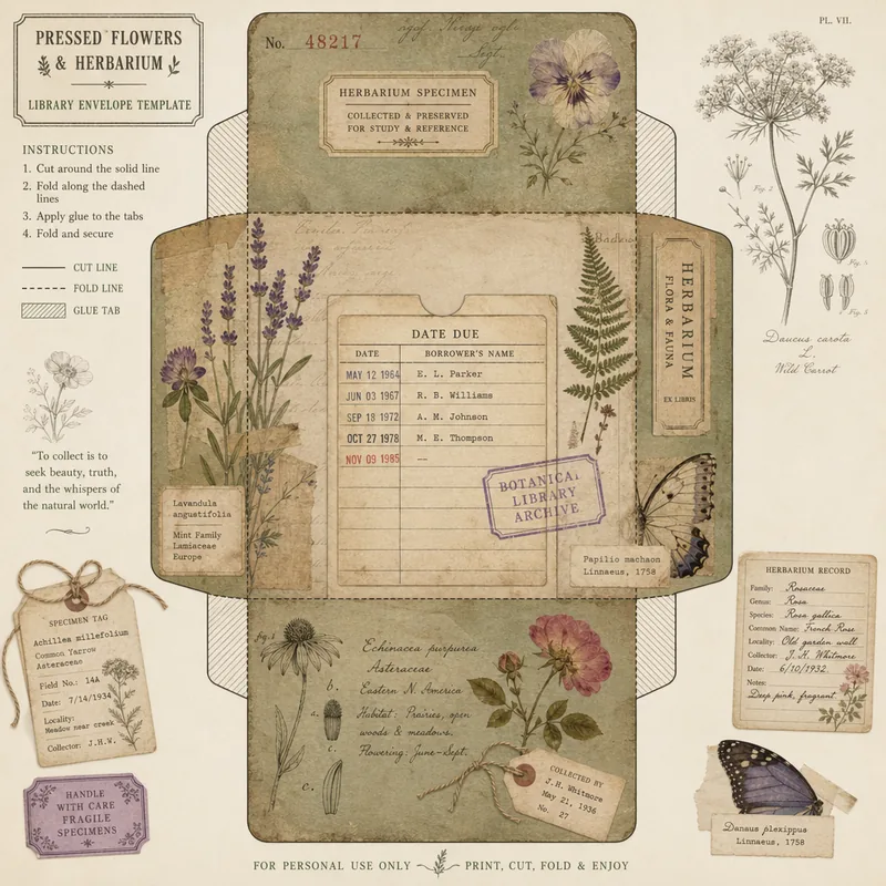 Pressed Flowers & Herbarium — Mini Library Envelope (1:1)
