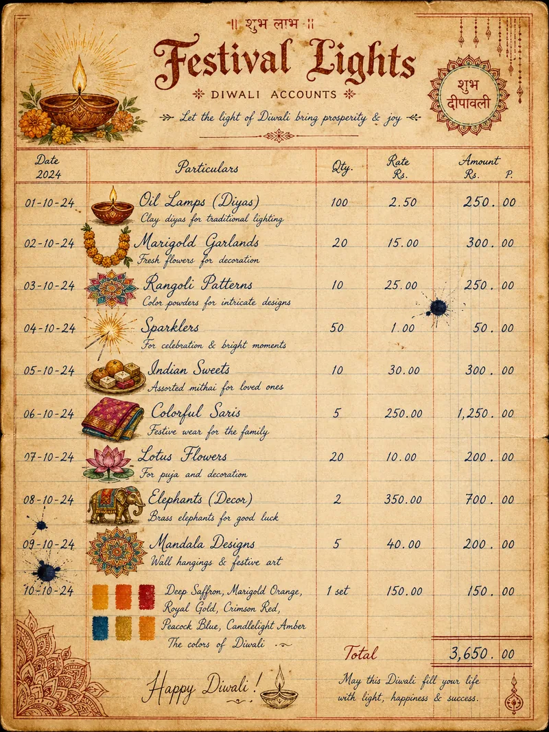 Diwali Festival Lights — Antique Ledger Page (3:4)