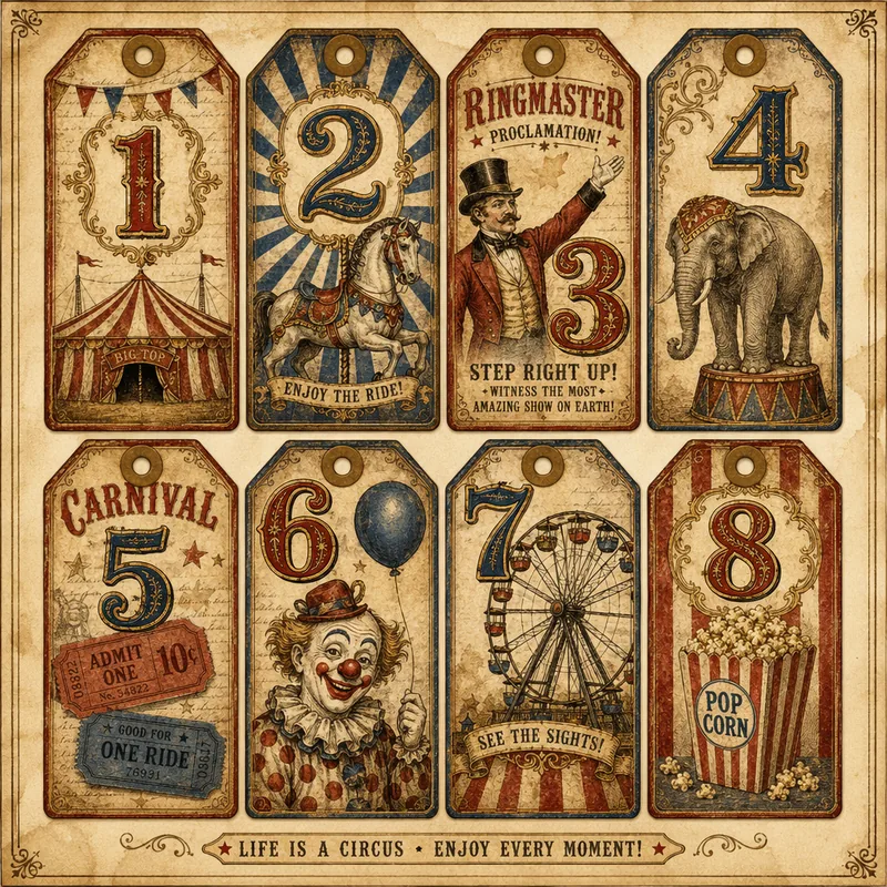 Circus & Carnival — Numbered Vintage Tags (1:1)