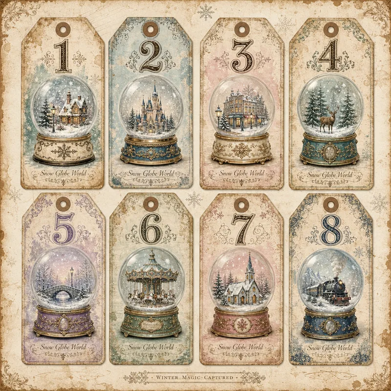 Snow Globe World — Numbered Vintage Tags (1:1)