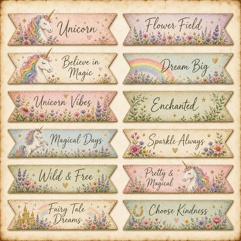 Unicorn Flower Field — Banner & Ribbon Labels (1:1)