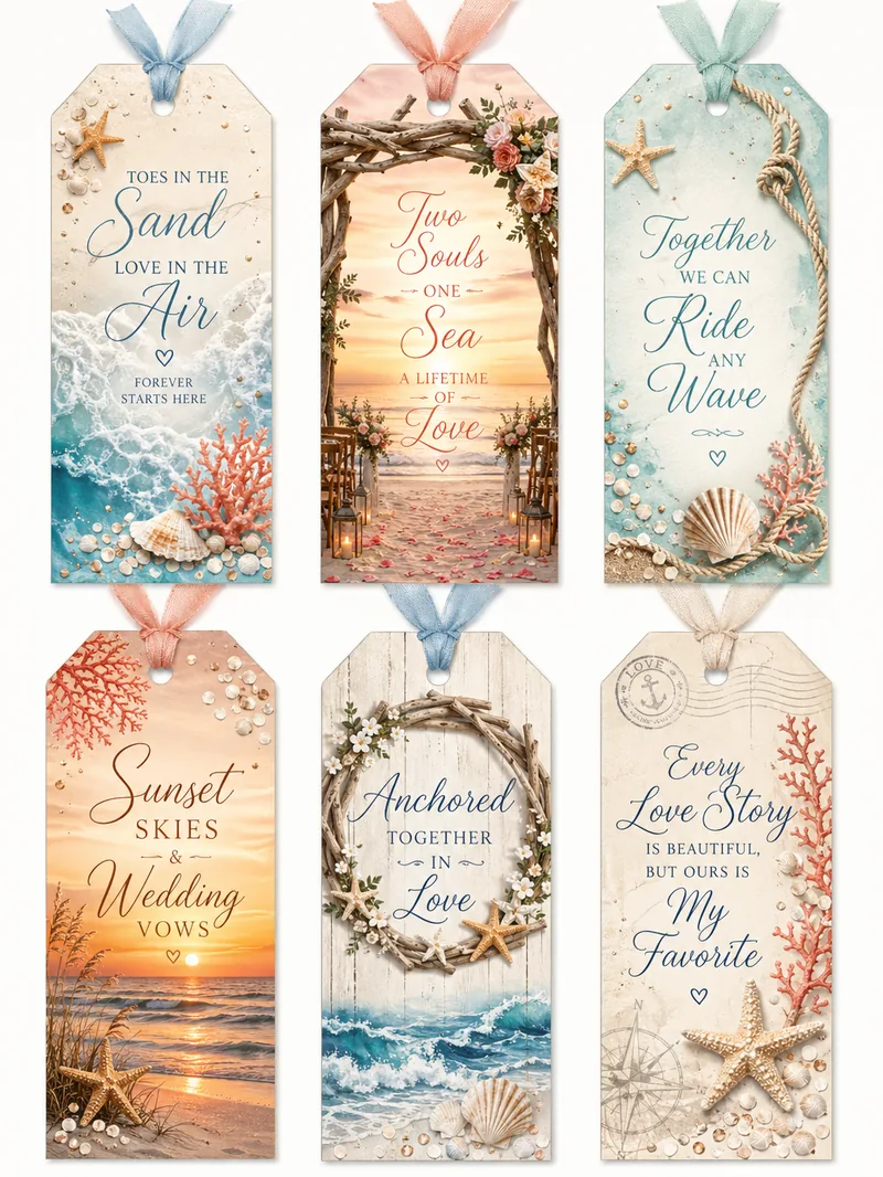 Beach Wedding Coastal — Ribbon-Tied Tag Bookmarks (3:4)
