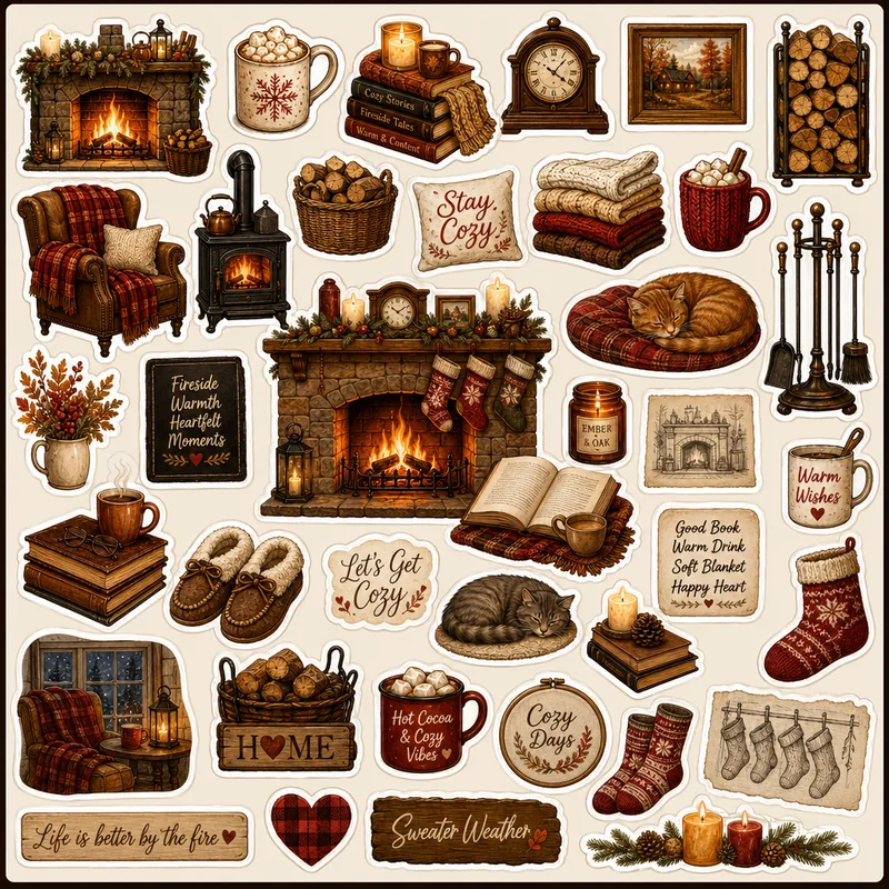 Cozy Fireplace — Mixed Sticker Sheet (1:1)
