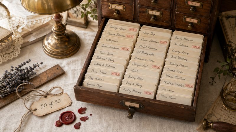 Vintage card catalog drawer pulled open showing 50 hand-labeled JournalCraft AI theme cards with red TESTED stamps