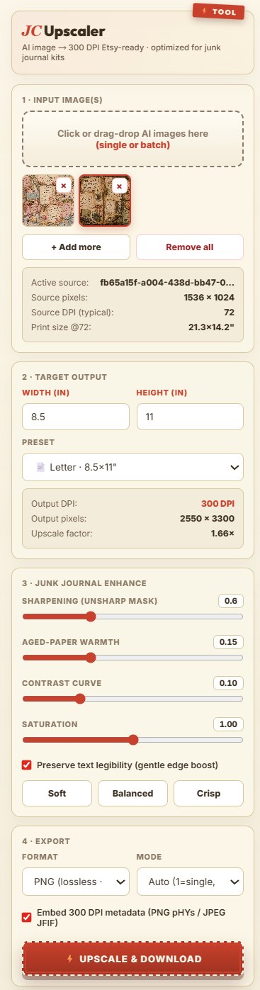 JC Upscaler sidebar — input, target 8.5×11 letter preset, enhance sliders, export with one-click upscale & download