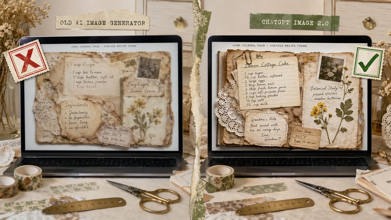 Side-by-side comparison: old AI image generator output vs ChatGPT Image 2.0 hyperreal junk journal page with readable handwriting
